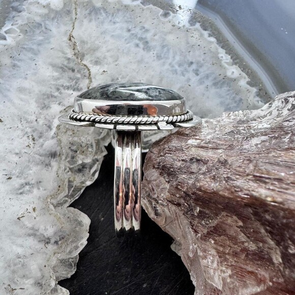 Sterling Southwestern Style Oval Parral Dendritic Decorated Ring S 8.5 For Women - Picture 4 of 9